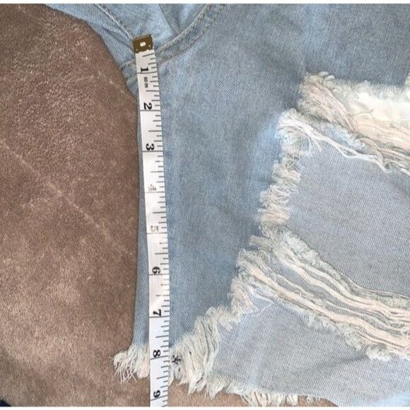 Blush Mark Distressed Light Blue Denim Shorts Ripped Frayed Hem High Waist Jean - Picture 9 of 11